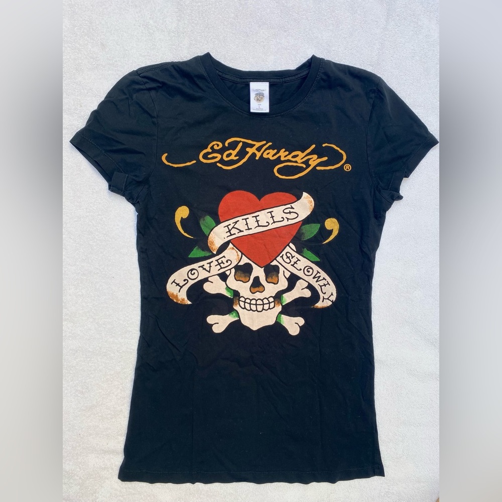 LOVE KILLS SLOWLY Ed Hardy black short sleeve shirt size S